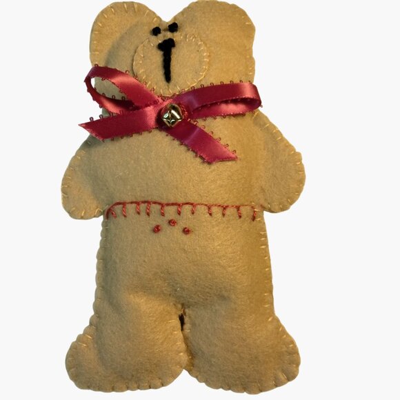 Felt Teddy Bear Ornament Ribbon Bell Handmade - Picture 1 of 3